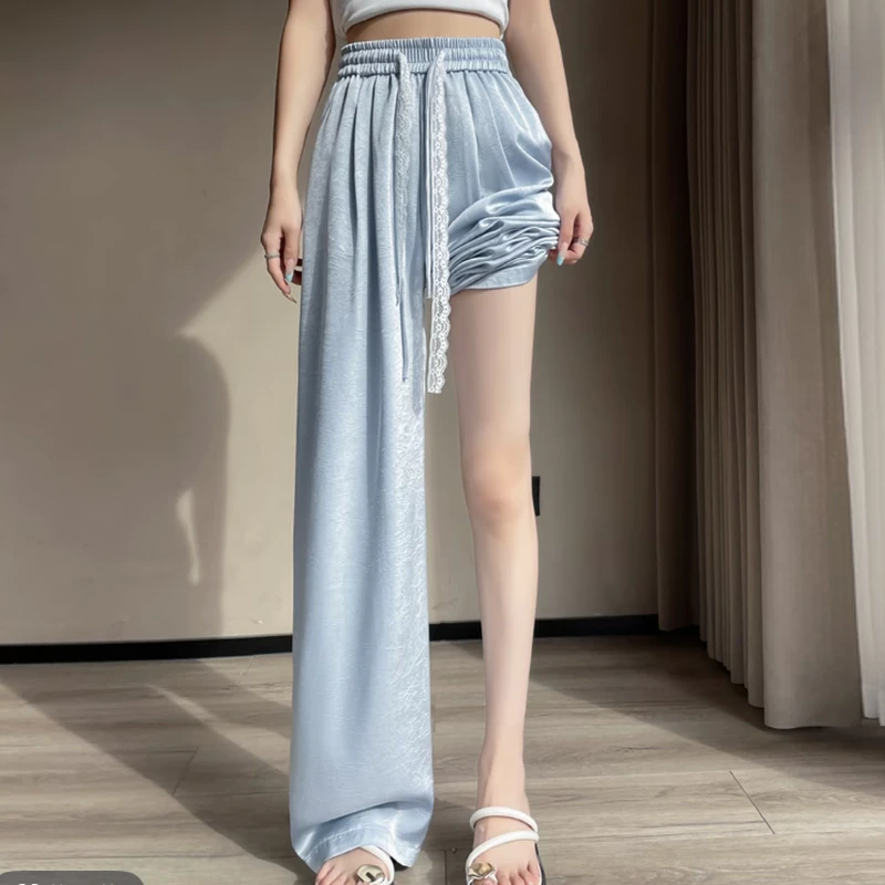 DS52606回【醋酸冰丝蕾丝抽绳窄版直筒裤】显高显瘦百搭休闲长裤