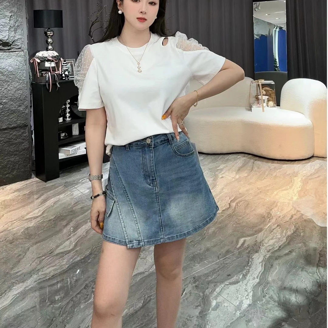 99298夏季新款时尚设计不规则不对称斜边高腰宽松休闲牛仔裤裙