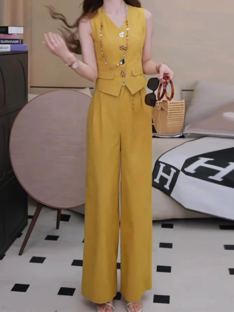 2025超火夏装大方得体穿搭一整套端庄大气轻奢姜黄色马甲套装裤女