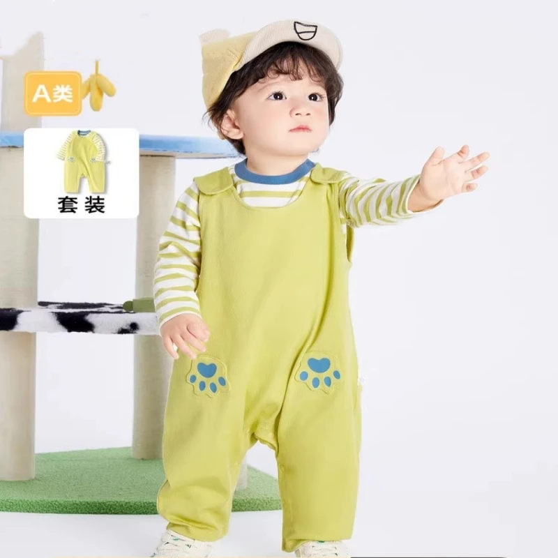 婴儿背带裤套装男童宝宝运动两件套春秋季新款童装女宝连体衣爬服