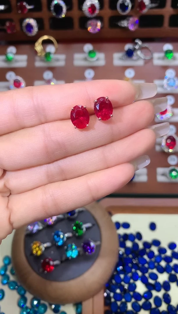 银S925镶嵌耳饰红宝石810玫瑰金