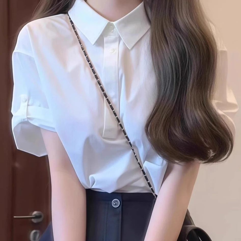 AMI.FS 2025新款夏季时尚休闲白色短袖宽松休闲韩系衬衣高级衬衫