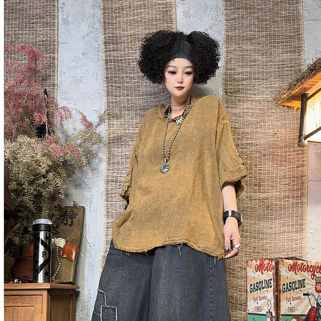 7551款夏季宽松复古文艺炒色做旧棉麻毛边小衫【衣长68胸围140】