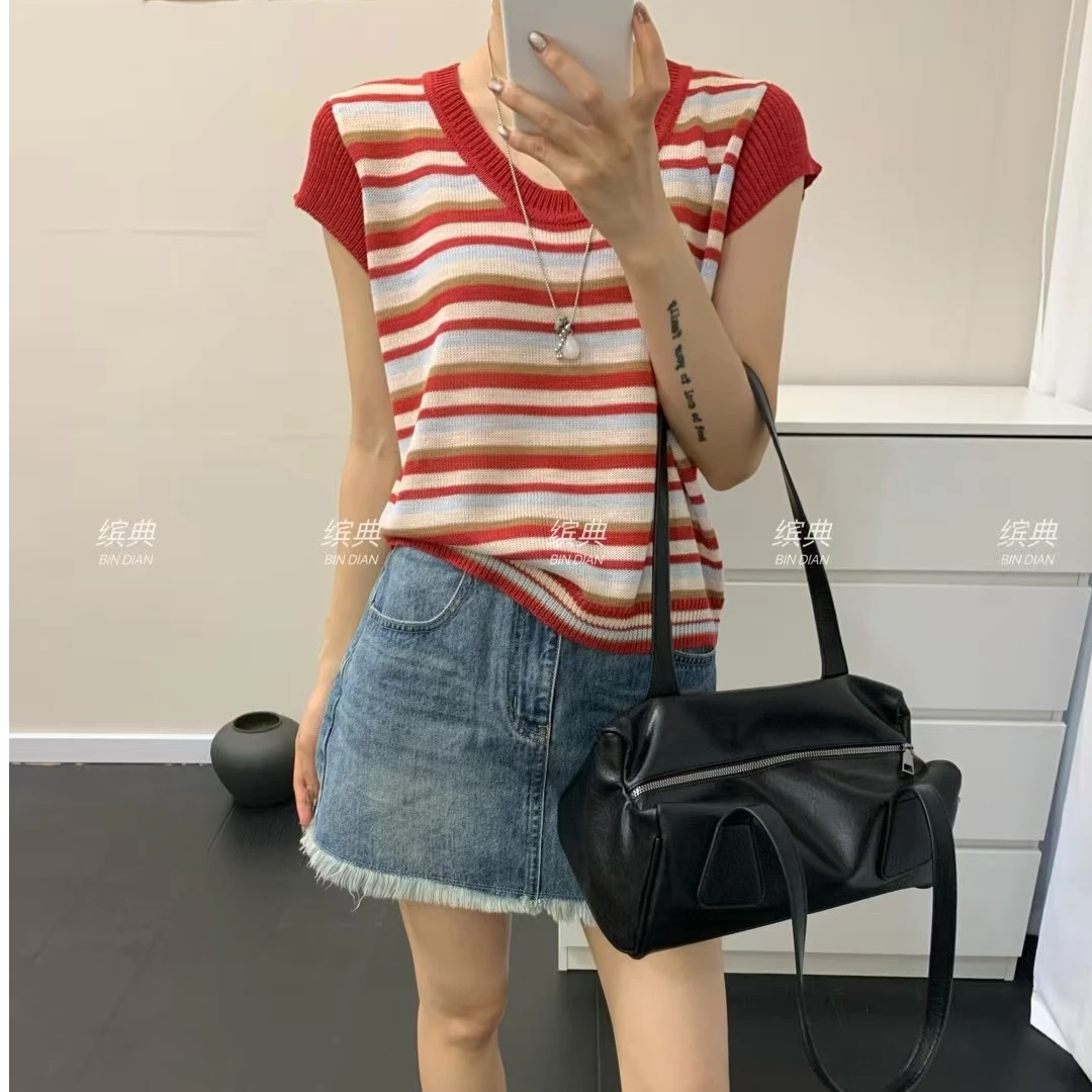 2025夏季新款圆领宽松休闲时尚女韩版飞袖撞色条纹复古上衣针织衫