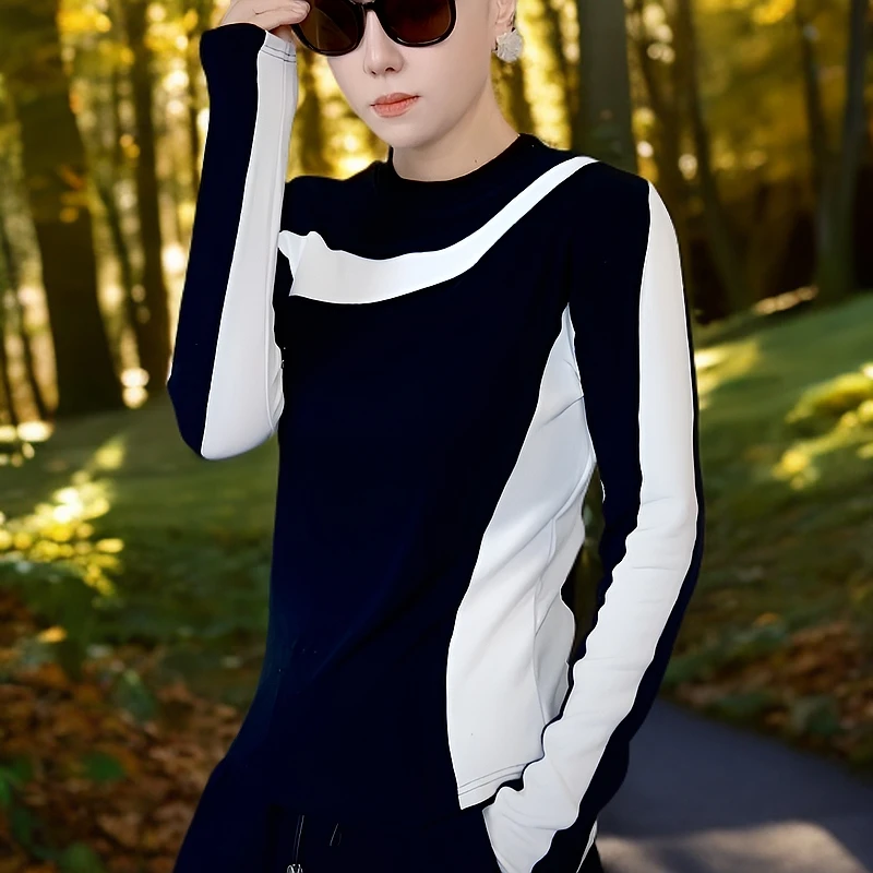 春秋季休闲欧美风时尚设计感拼接撞色长袖圆领上衣秋冬气质打底衫