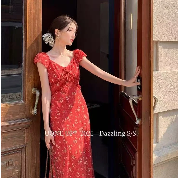 法式复古碎花连衣裙女夏季设计感修身包臀长裙鱼尾裙-YY8866