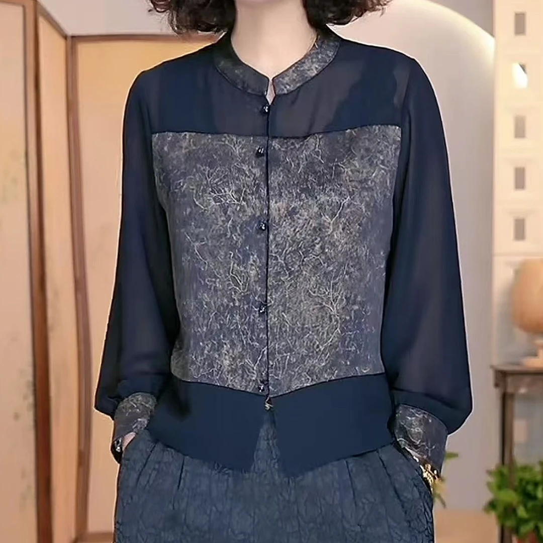 老料拼纱排扣立领小衫