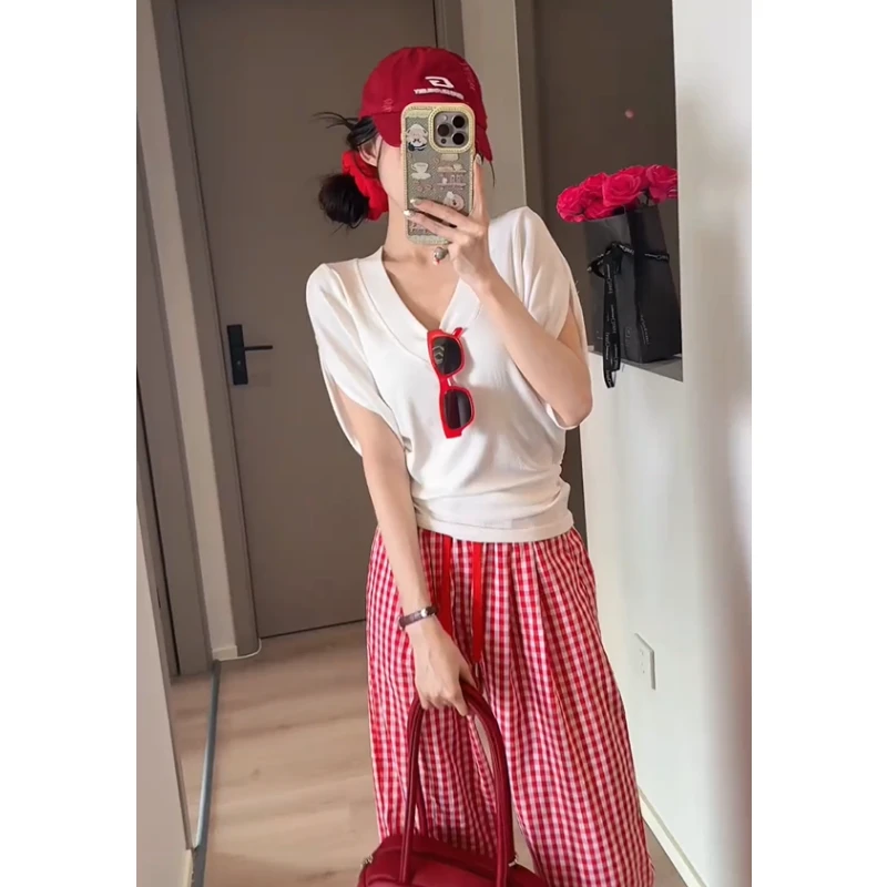 2025夏装新款韩版V领白色短袖t恤女宽松显瘦格子休闲裤套装女