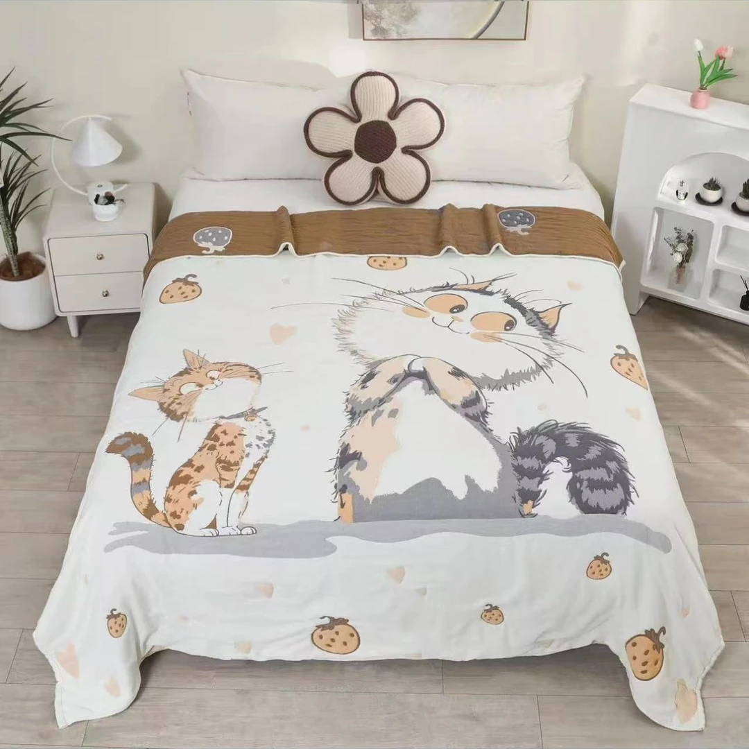 【亲亲猫】150*200cmA类全棉纱布泡芙被子柔软舒适加厚保暖亲肤