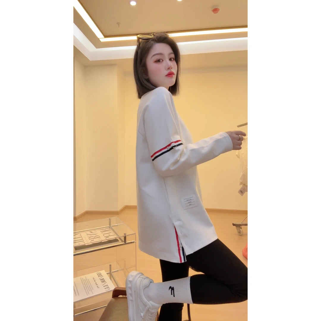 K·K[拼色开叉长袖]夏季女时尚潮流纯棉大版打底衣