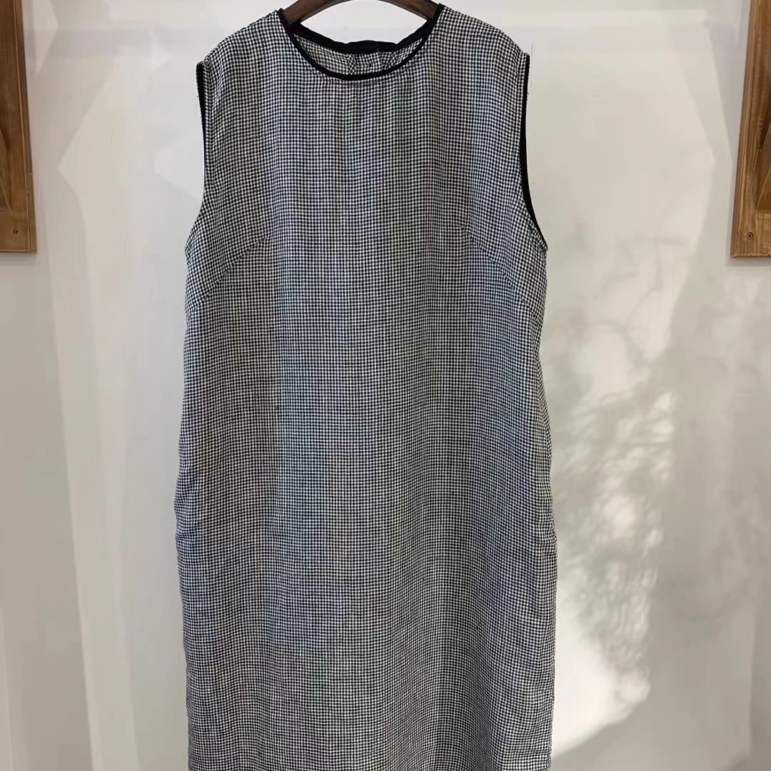 100%麻~A827时尚百搭轻奢圆领套头气质无袖连衣裙2025新