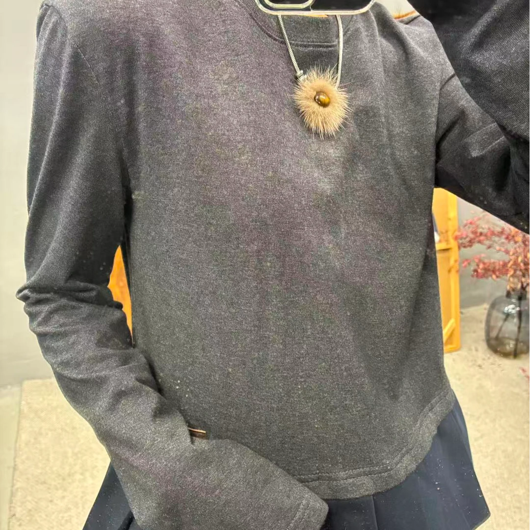休闲风针织长袖女士磨毛丝绒袖显瘦T恤黑色女秋冬4096