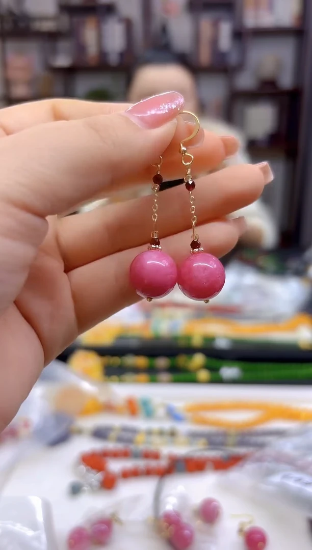 【闪购商品】菱锰矿（红纹石）耳坠14K金镶嵌E613