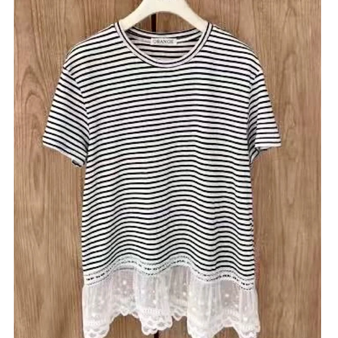 十三行Orange-夏季福秒条纹拼接网纱圆领短袖#80399
