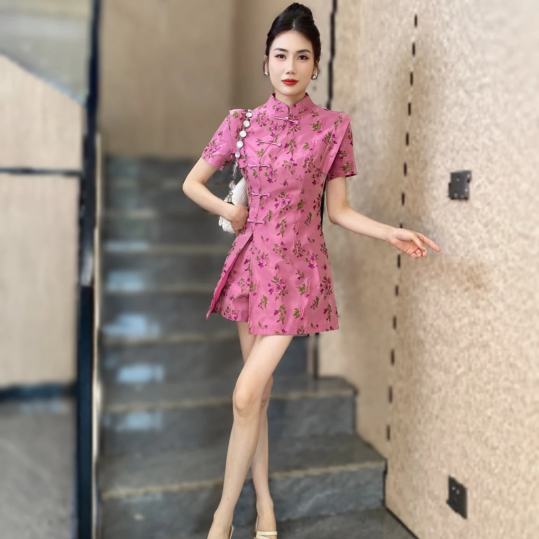 2025春夏季新款时尚收腰显瘦气质新中式旗袍盘扣上衣裙短裤套装女