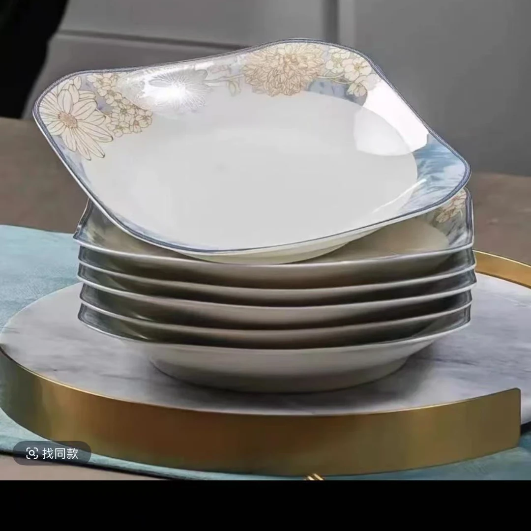 （时光漫步）7.5英寸如意方盘景德镇高温骨瓷家用简约方形菜盘6个装