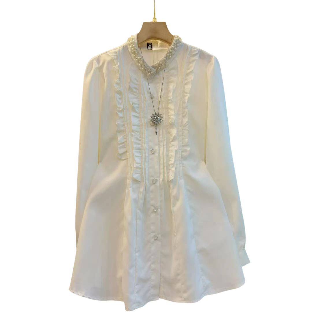 新款时尚轻奢风甜美洋气重工木耳边百搭上衣（长70左右）