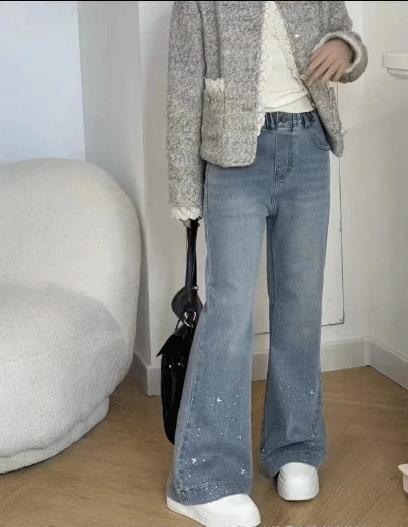 烫钻蝴蝶结牛仔裤~女童秋季新款洋气显瘦喇叭裤洋气牛仔裤5091