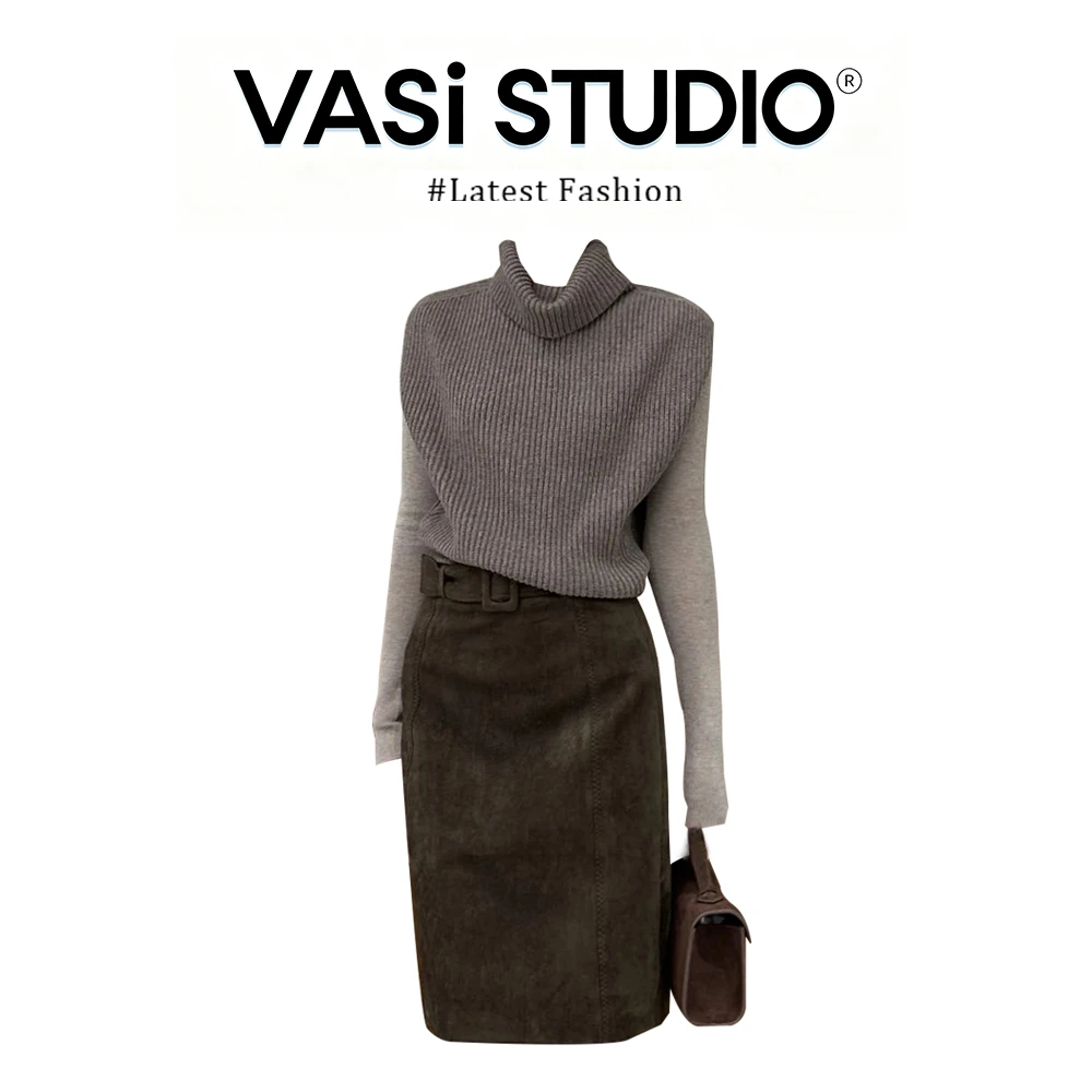 VASI 高级感高领毛衣针织衫背心叠穿内搭打底衫半身裙时尚套装女