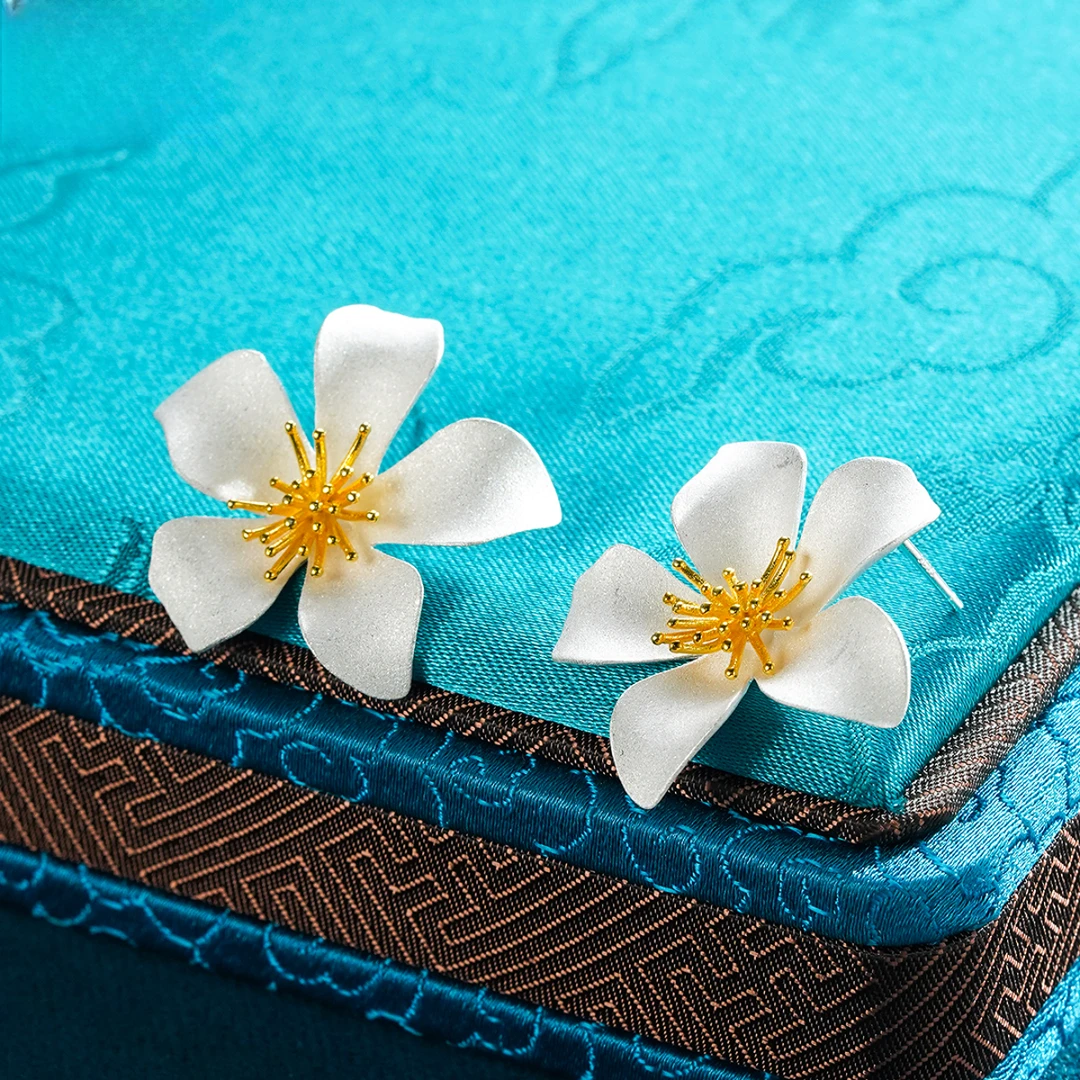 中国珠宝 925银耳饰 水仙花造型耳环超仙森系小清新气质时尚