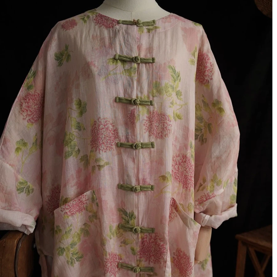 2025夏季新款  苎麻印花新中式国风手工盘扣宽松百搭茶服097028