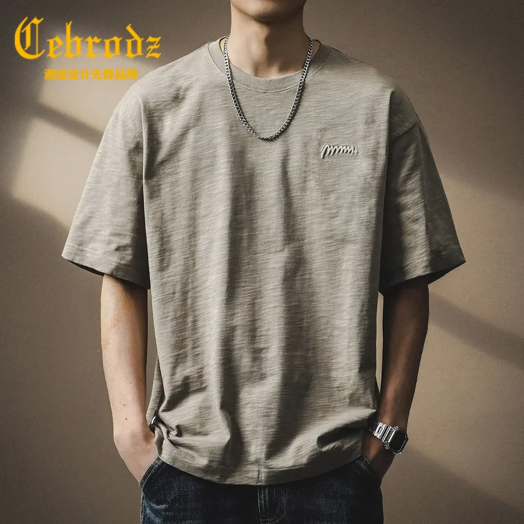 日系复古简约刺绣竹节棉短袖T恤男夏季宽松大码男士纯棉休闲百搭