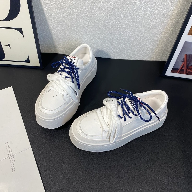 鞋子女款爆款2025新款时尚百搭厚底休闲鞋潮流双鞋带增高白色女鞋