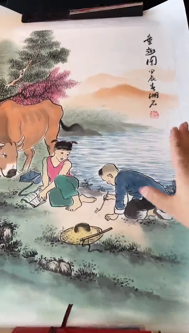 国画湖石放牛娃绘画作品