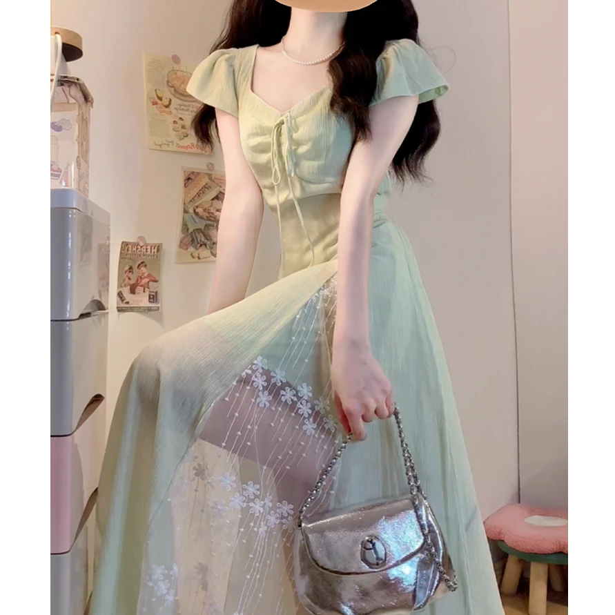 1816 大码夏季法式温柔绿色镂空蕾丝显瘦连衣裙