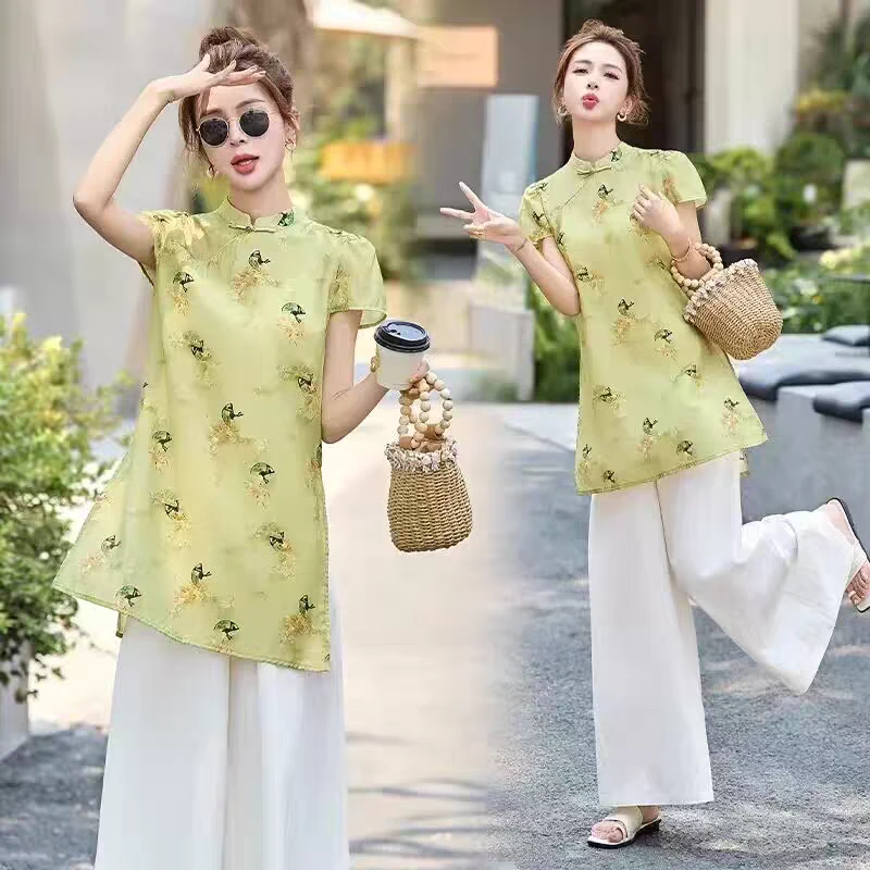 新中式盘扣旗袍上衣女民族风夏季新款时尚女装高级立领短袖妈妈装