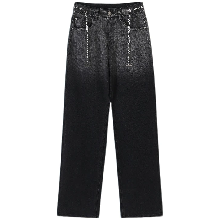 直筒时尚休闲黑色高街宽松破洞水洗牛仔裤-8378