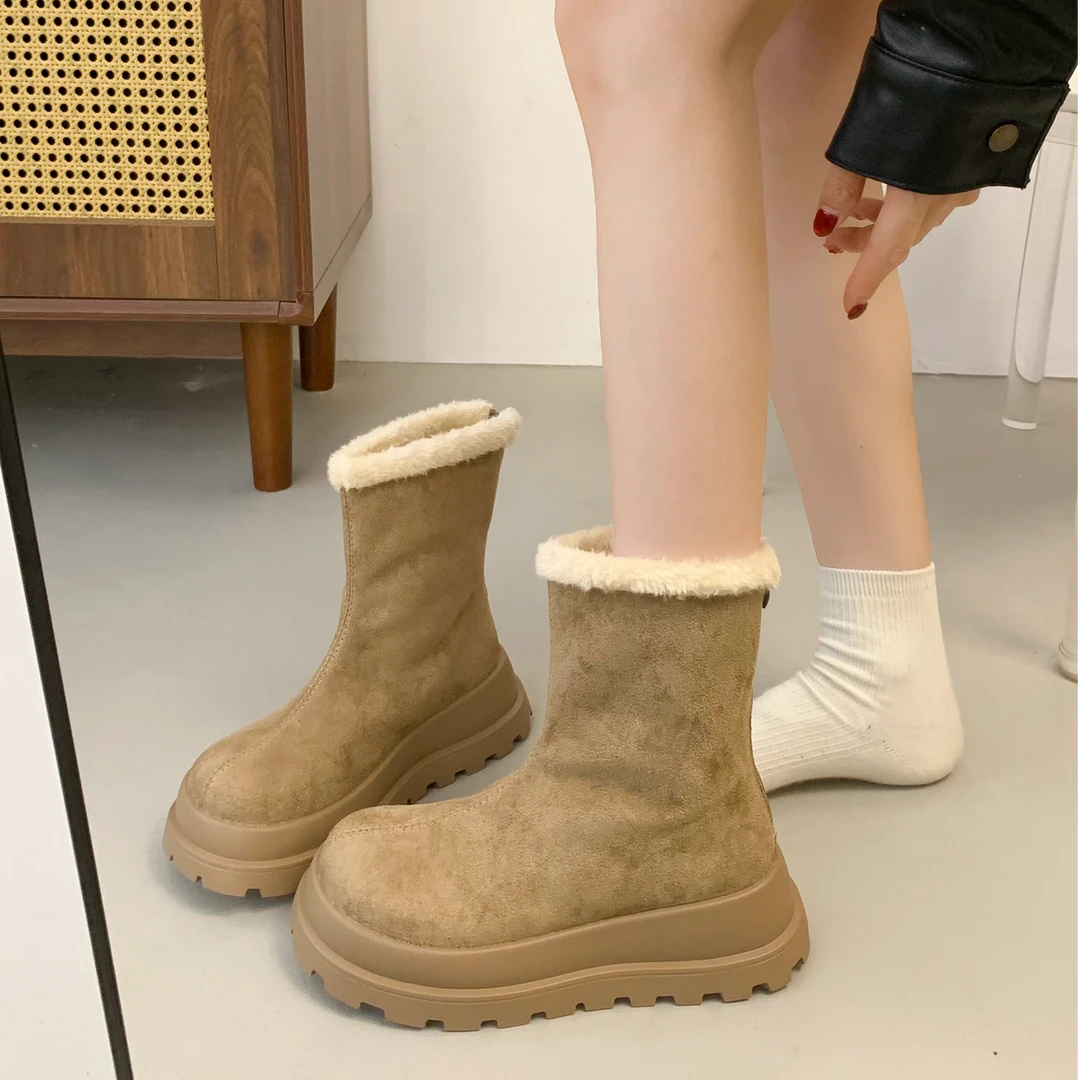 啄木鸟厚底加绒保暖雪地靴女2025新款秋冬皮毛一体复古勃肯棉靴子