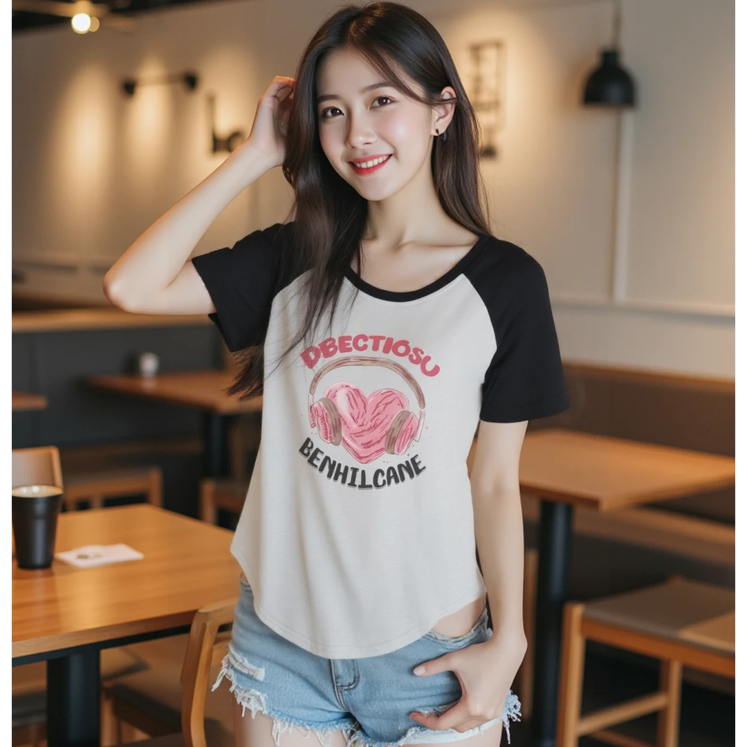 女士T恤夏季外穿韩版插肩袖显瘦百搭圆领拼接印花印花休闲