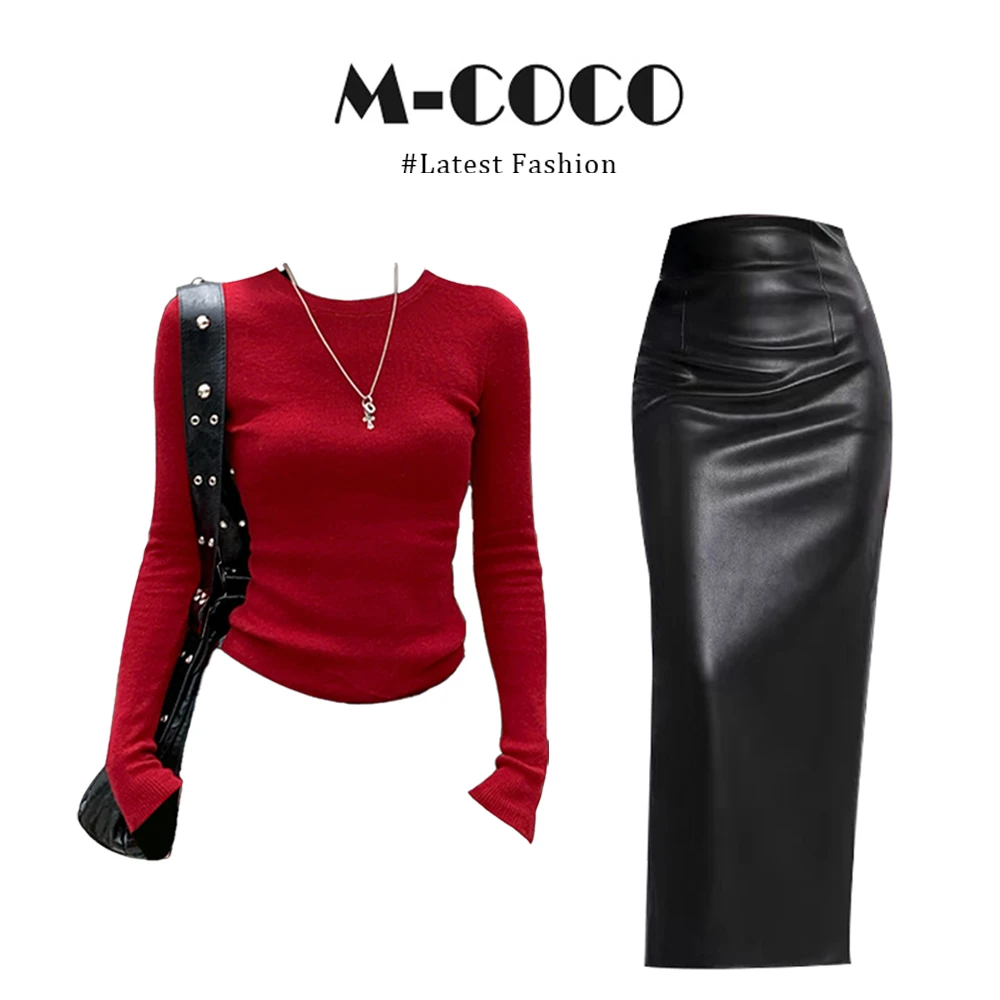 parkyeon法式爆款修身针织衫长袖上衣高腰显瘦包臀半身裙套装