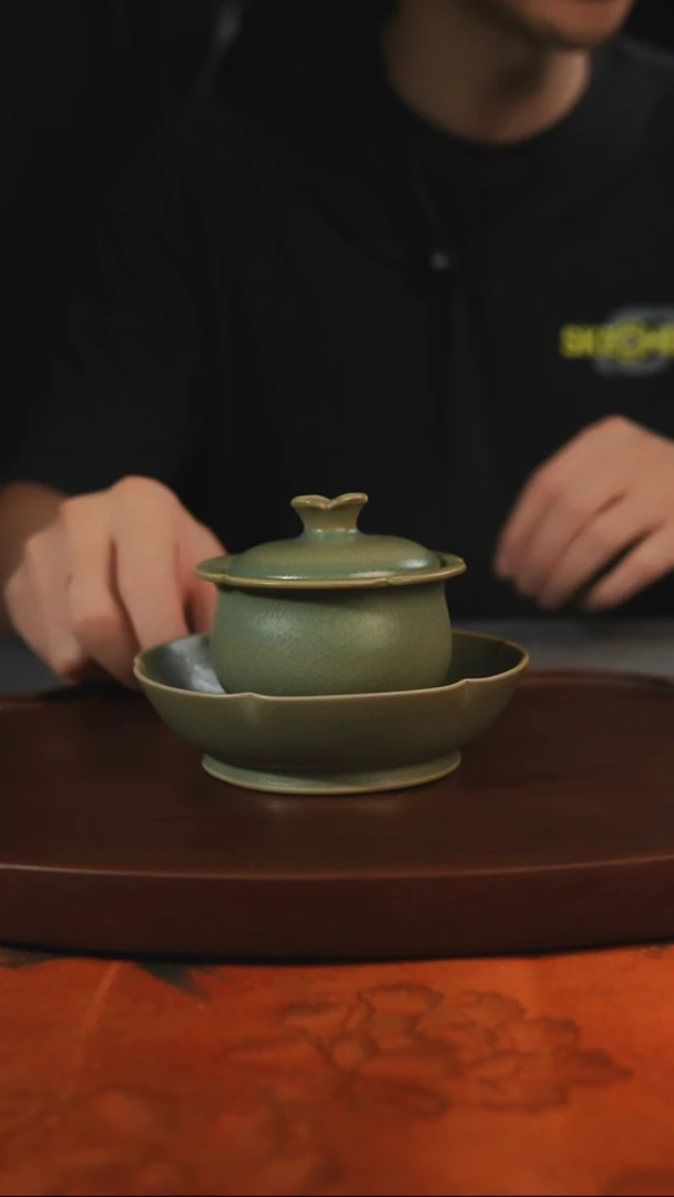 杯子顿**刻柴烧 葵口三才 汝州原产地原矿仿古老釉