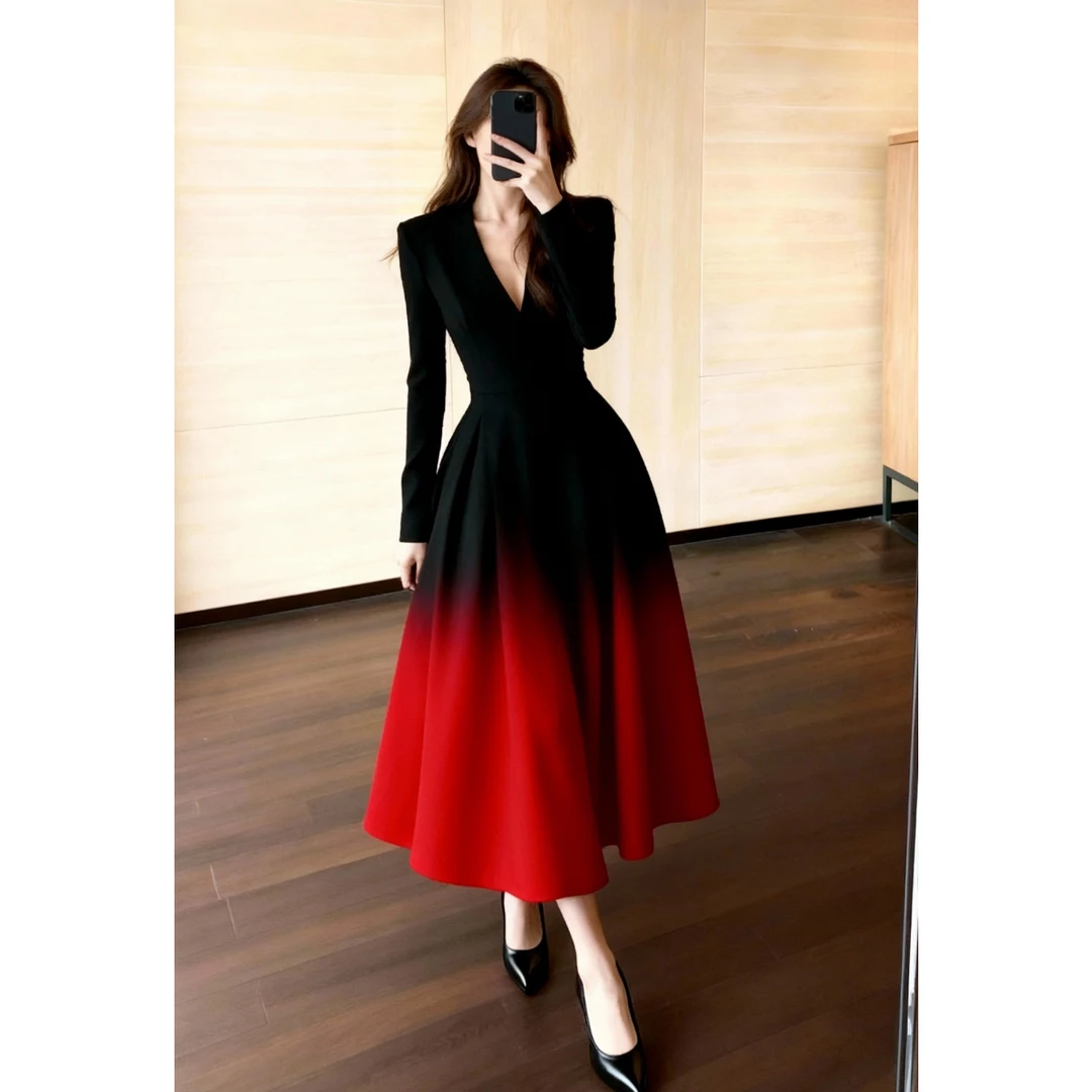 秋冬巨好看显身材红色渐变宴会小香风连衣裙出席重要场合的裙子