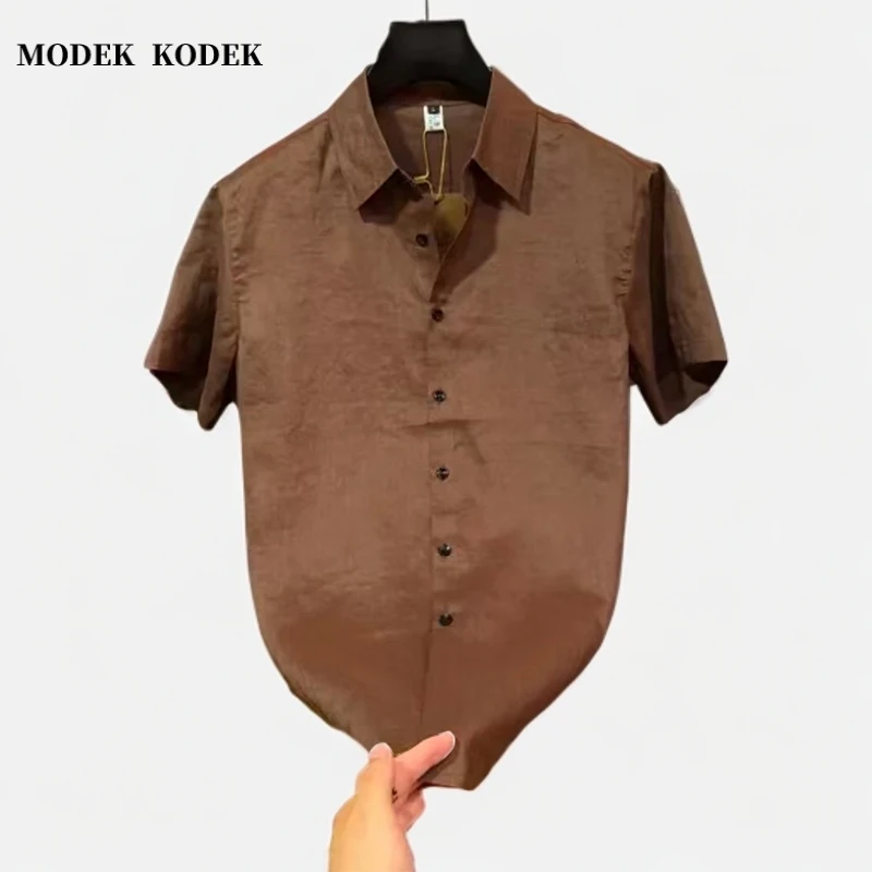 MODEK KODEK夏季新款男翻领休闲衬衫高级感潮牌时尚修身纯色短袖