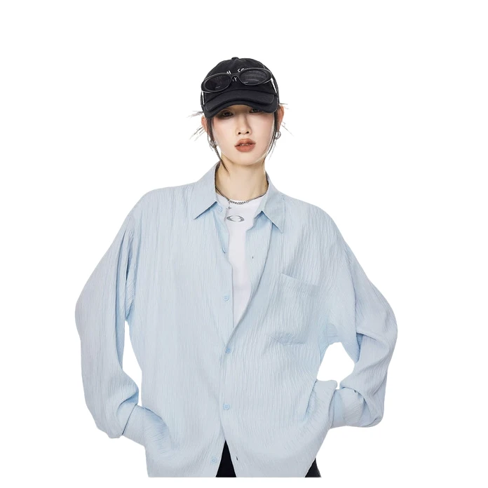 ICHMODE美式简约长袖衬衫女慵懒上衣白色蓝色时尚休闲百搭夏季