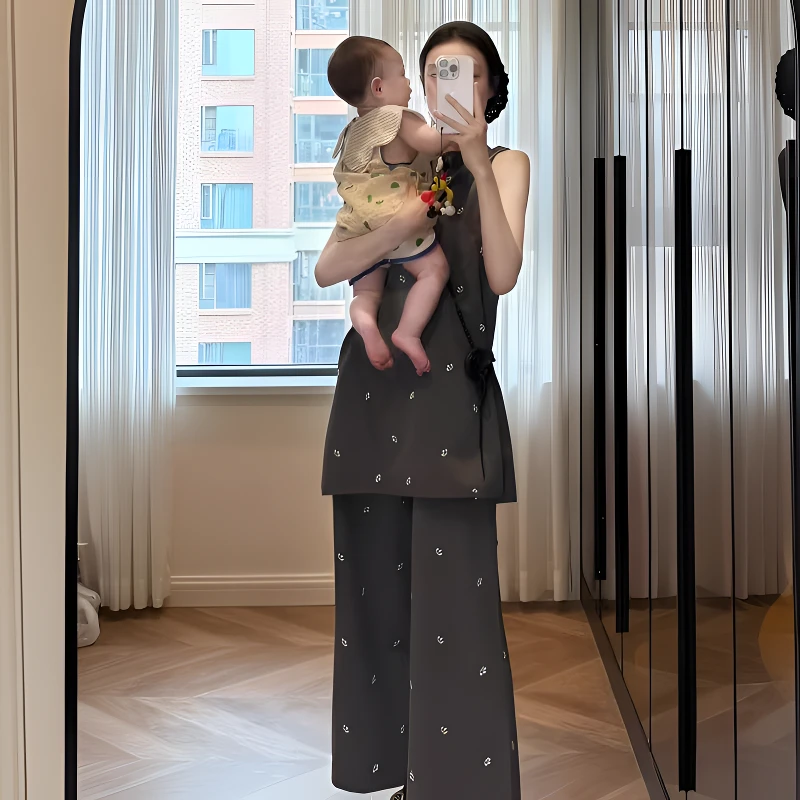 国风夏季薄款梅花盘扣马甲上衣阔腿裤中式休闲睡衣女家居服可外穿