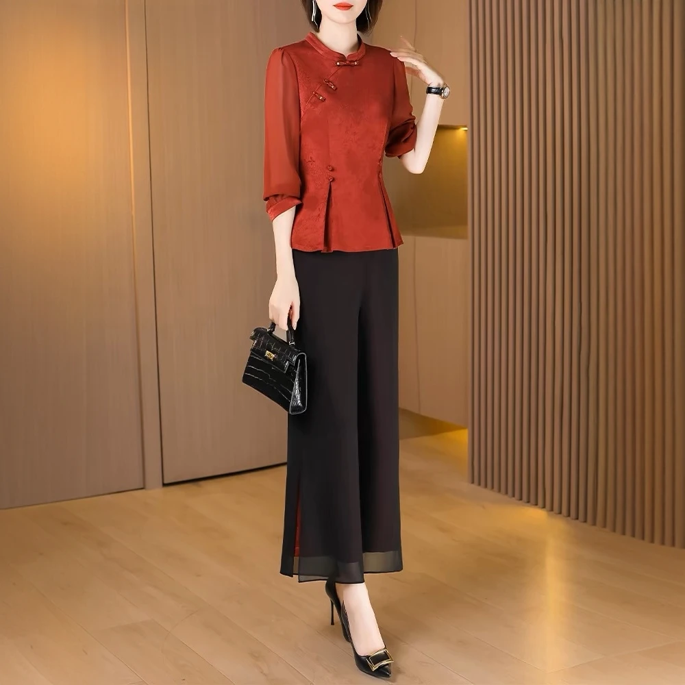 喜婆婆国风提花套装女春夏出行游玩穿搭改良旗袍式上衣雪纺阔腿裤