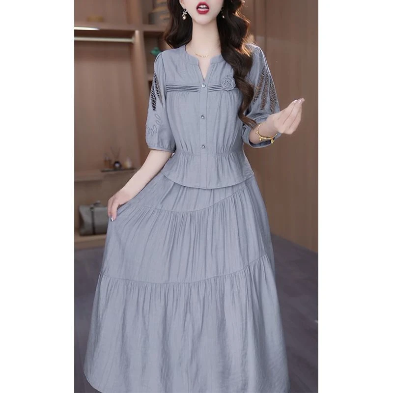 高端假俩件气质连衣裙女夏季新款时尚洋气显瘦中长款裙子7112#