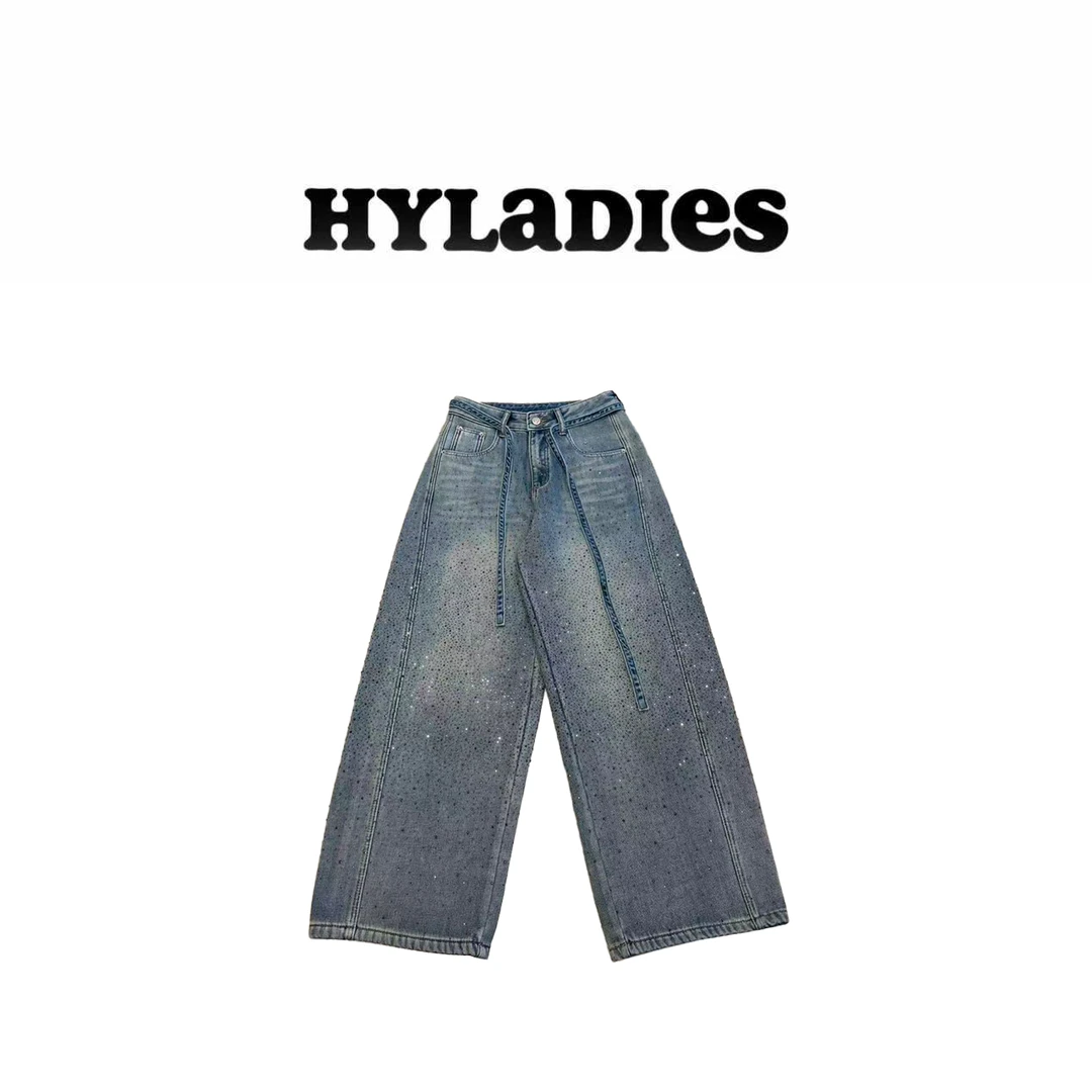 HYLADIESWEAR  『满天星烫钻』欧货牛仔裤女加绒加厚时尚宽松阔腿裤