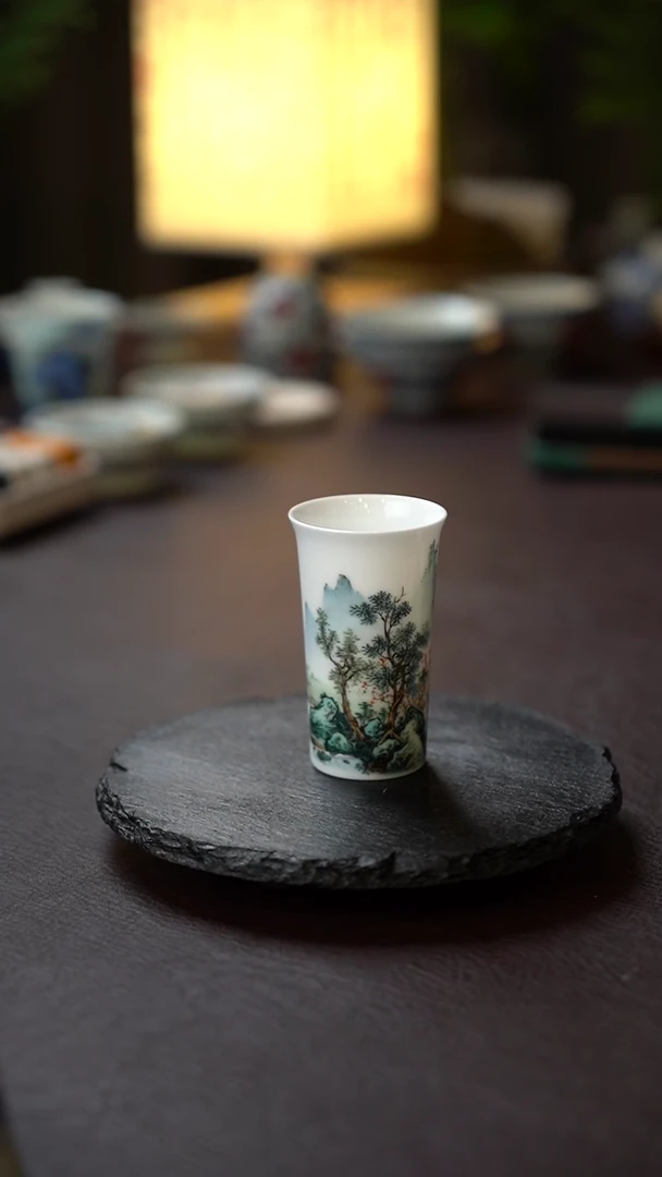 王钢全手工手绘青绿山水闻香杯
