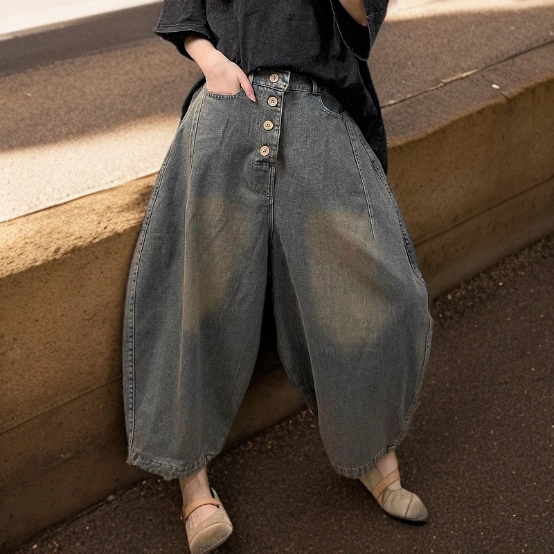 裤长85腰围68-94新款复古休闲百搭炒色做旧半松紧四粒扣牛仔裤