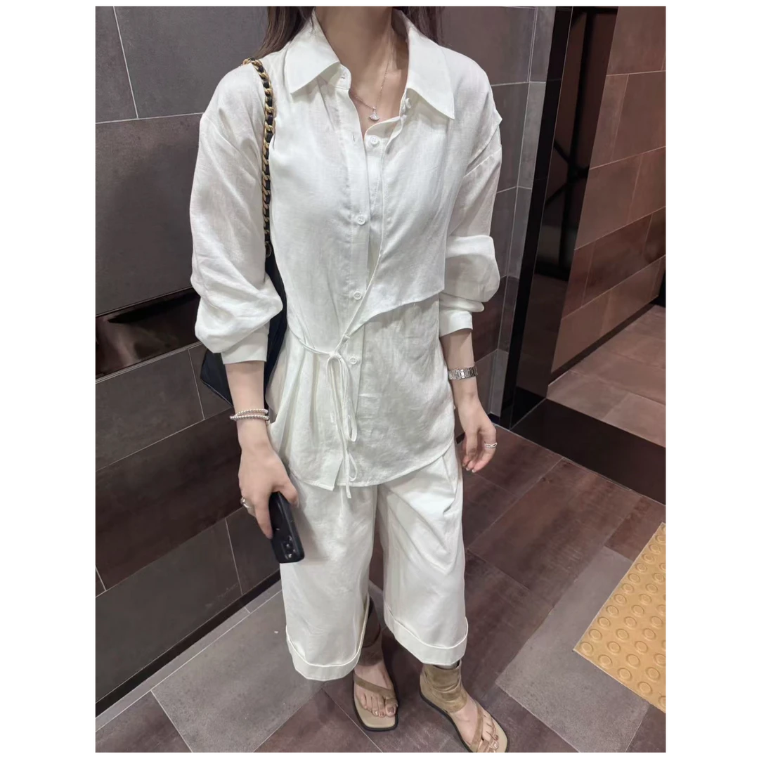【梓铭】862~韩系时尚～莱赛尔亚麻小众层次感不规则系绳衬衫女