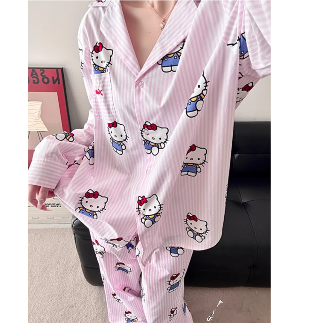 韩系甜美凯蒂猫开衫睡衣女春秋款可出门长袖长裤家居服大码套装夏