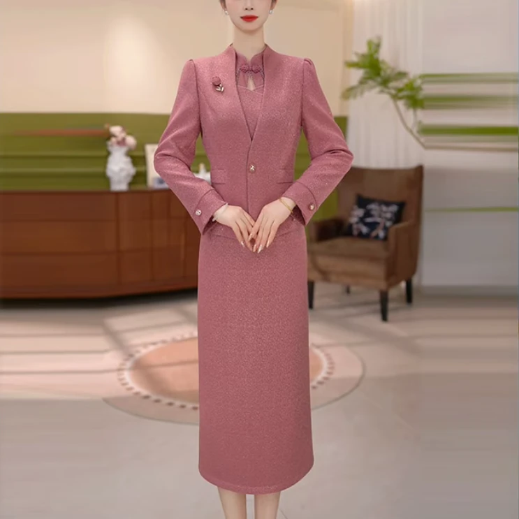 曼芬女装套装新款2025年秋季气质优雅显瘦连衣裙两件套M-4XL国风