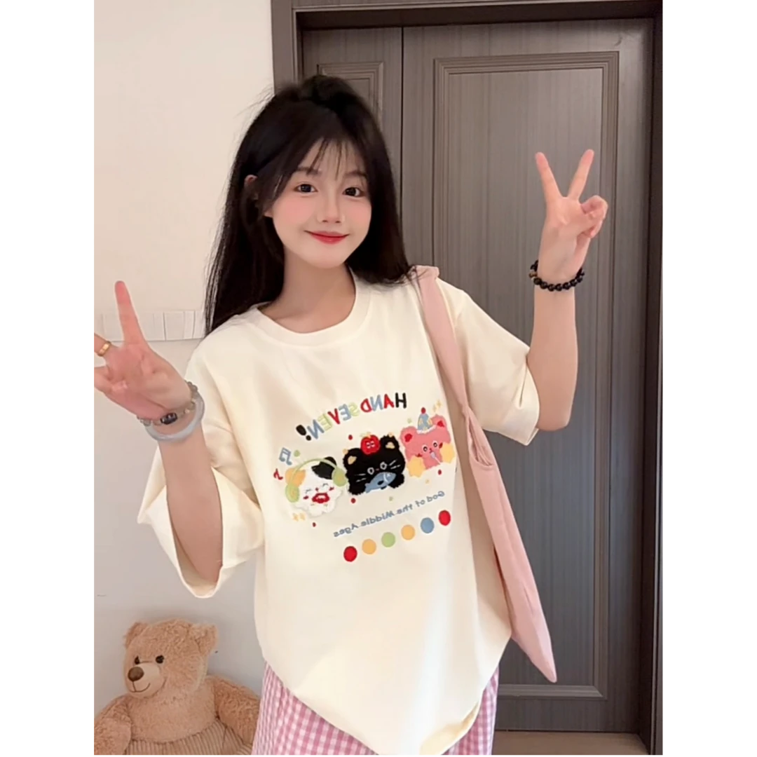 HandSeven夏季显瘦可爱风小猫毛绒刺绣宽松圆领卡通少女T恤