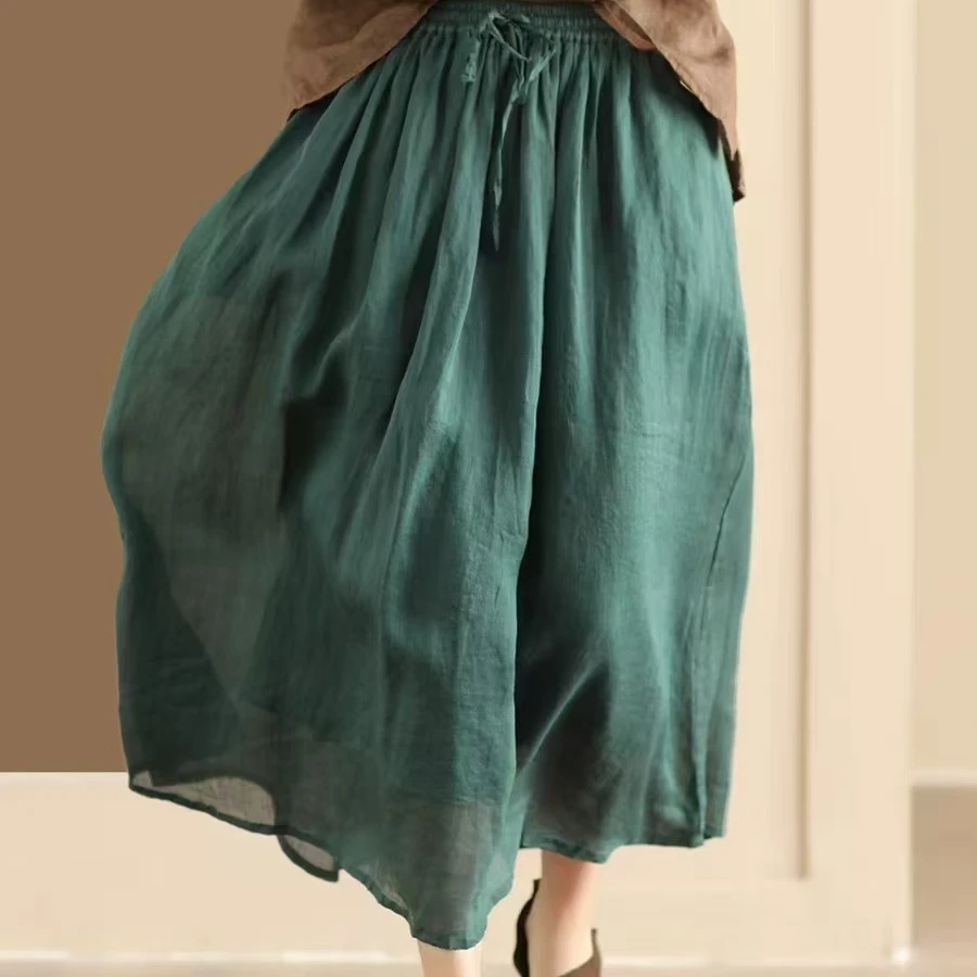 春夏款高支苎麻纯色半身裙文艺复古纯色显瘦松紧腰大摆裙双层裙