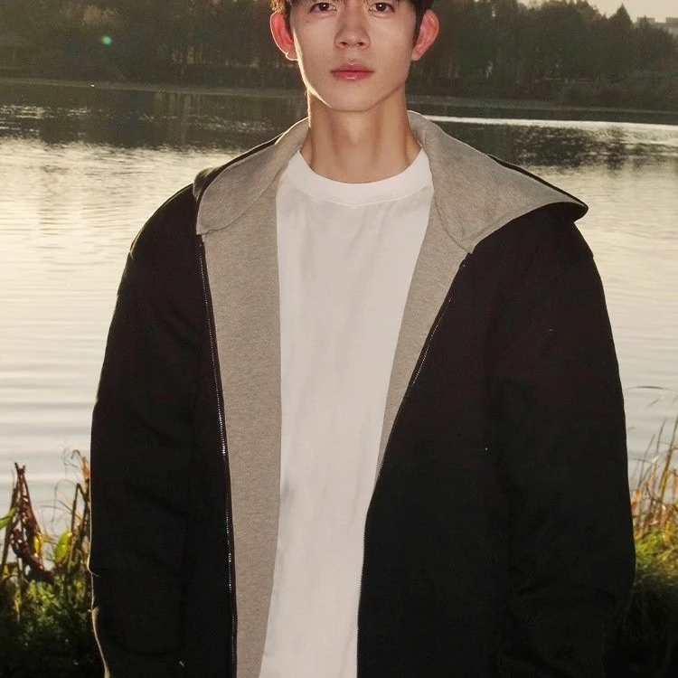 双拉链重磅开衫卫衣男潮牌宽松休闲硬挺撞色美式复古帽衫外套男生